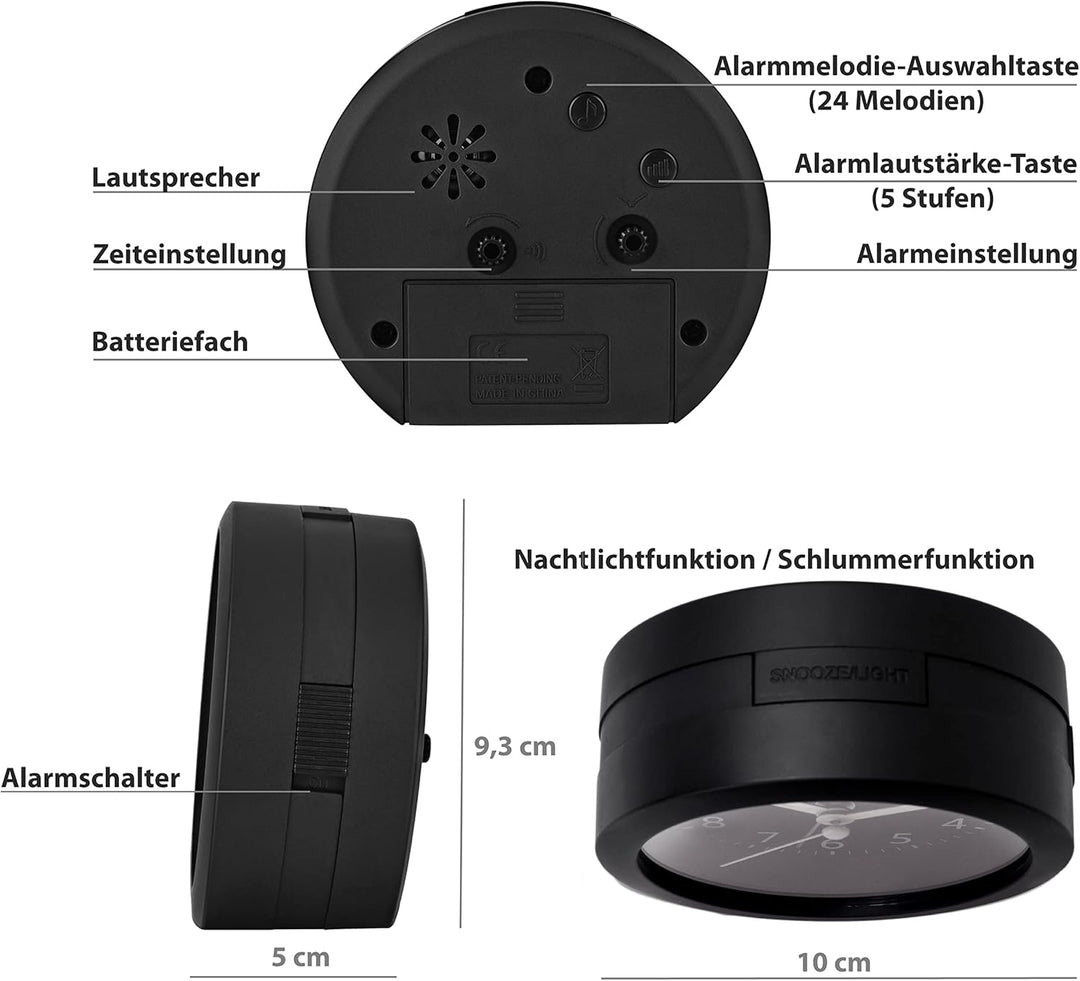 SIMSAM Wecker Analog ohne Ticken mit Batterie, Licht (Schwarz-Schwarz), Schwarz-schwarz