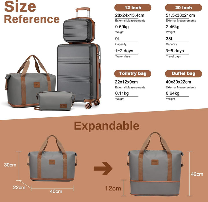 KONO Reisekoffer Set Gepäcksets 4 Teilig Kofferset, 55cm Handgepäck mit Beautycase Kosmetikkoffe mit