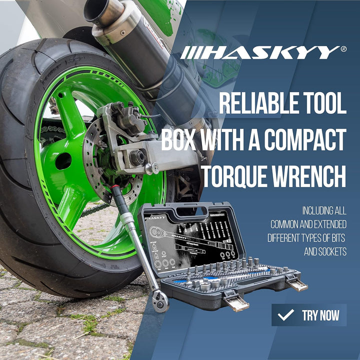 HASKYY Drehmomentschlüssel Set 3/8" 5-60Nm Motorrad Chopper Custom-Bike mit viel Zubehör wie Verläng