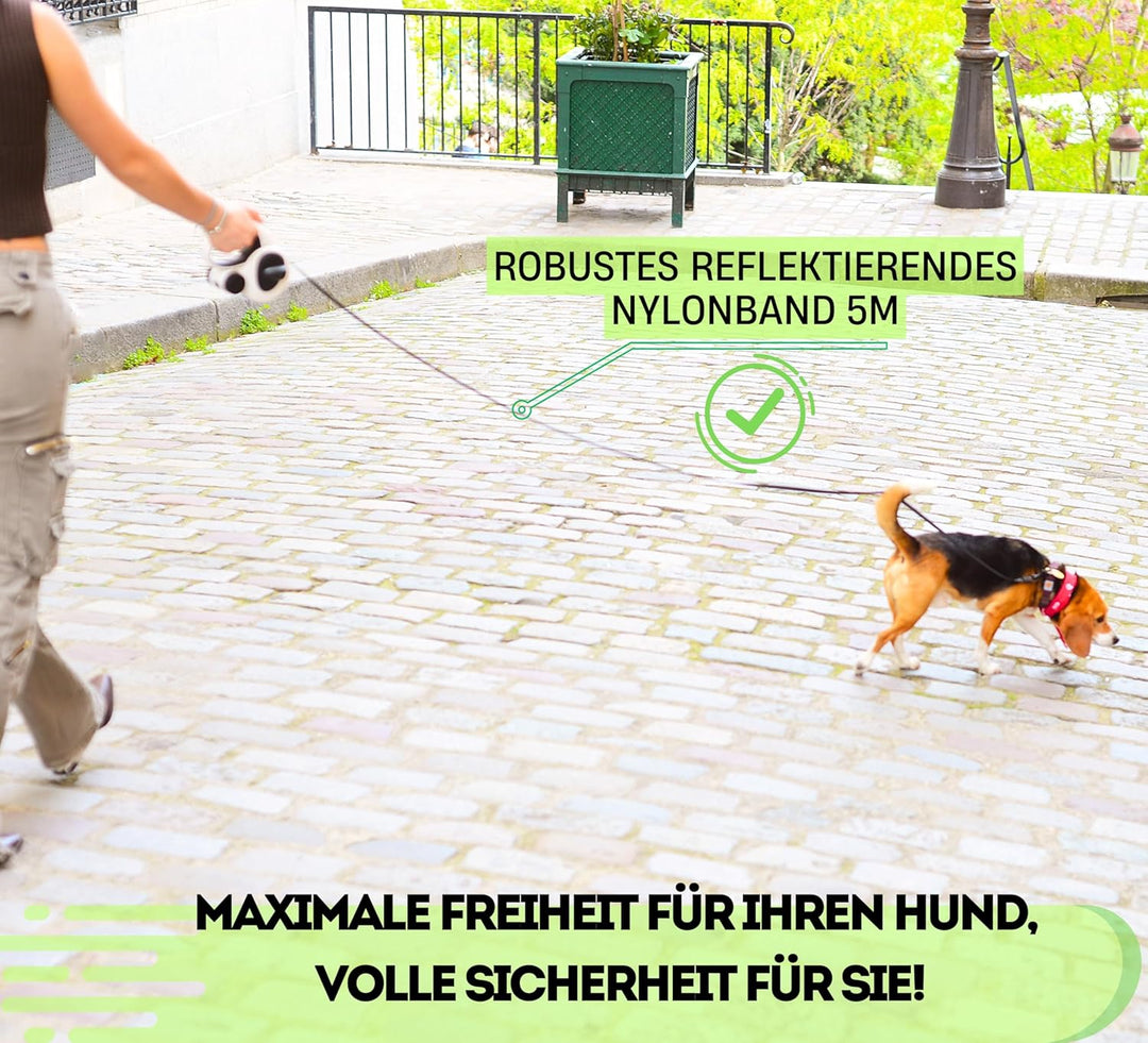 Snuggle Paws Ausziehbare Hundeleine 5m – Kompakt & Leicht: LED-Lampe, Integrierter Kotbeutelspender,