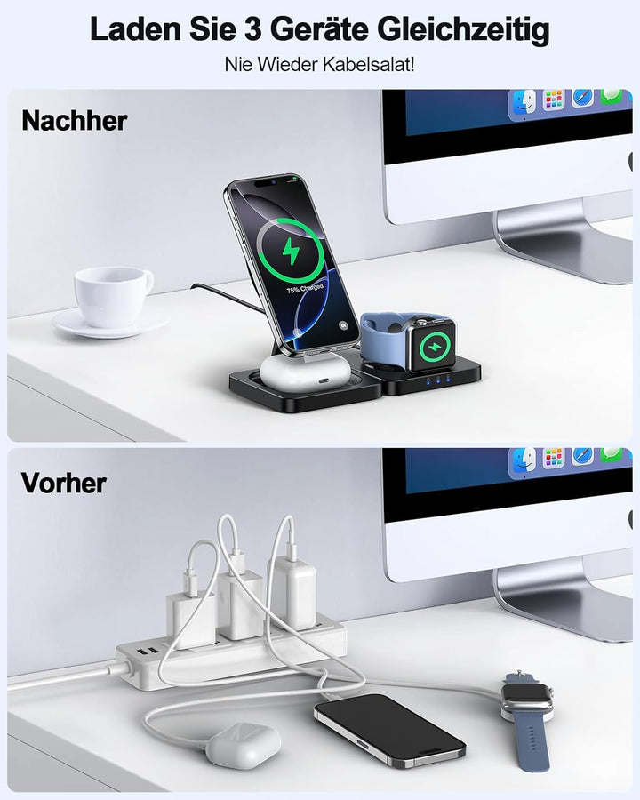 3 in 1 Mag Safe Ladestation für iPhone 17/16/15/14/13/12, ADADPU Faltbare Ladestation Apple Watch un