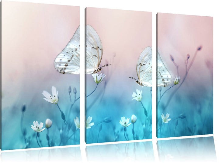 Pixxprint Schmetterling auf kleinen Blumen als Leinwandbild/Grösse: 3 Teilig (120x80) / Wandbild/Kun