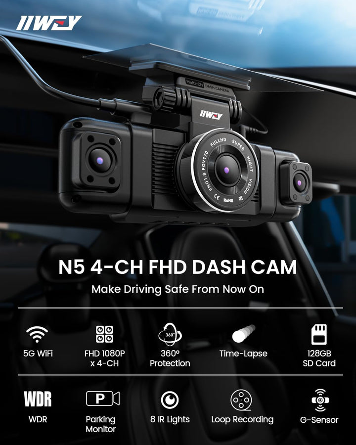 IIWEY N5 Dashcam 4-Kanal 360° Kamera für Auto – 1080P Front, Hinten, Innen, Seiten – Nachtsicht, G-S