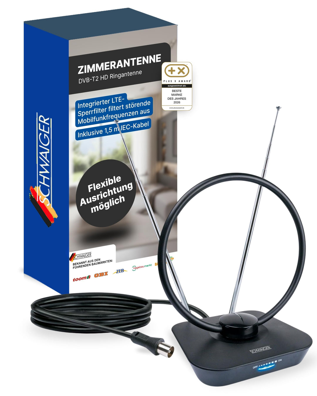 SCHWAIGER 720365 DVB-T2 Zimmerantenne aktiv mit Verstärker DAB+ DVB-T Antenne Fernsehen LTE-Sperrfil