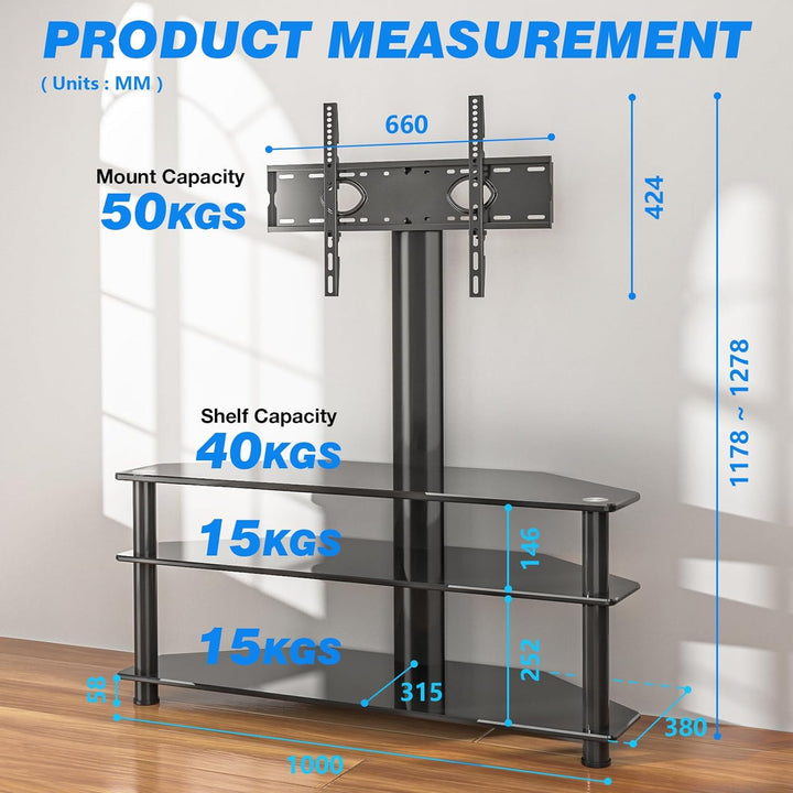 RFIVER TV Rack Glas Fernsehtisch TV Ständer für 32 - 70 Zoll Fernseher, TV Eckschrank TV Möbel Ferns