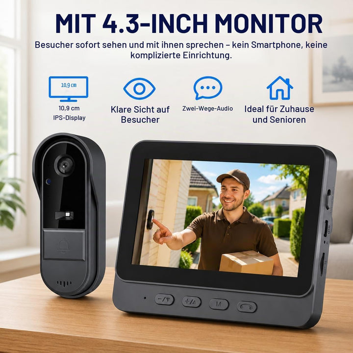 Winnes Kabellose Türklingel mit Kamera, Videotelefon, Bluetooth, mit IPS-Display von 4,3 Zoll, kabel