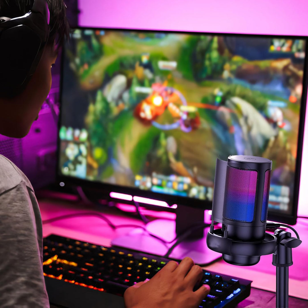 Retoo Gaming Mikrofon RGB, USB Mikrofon mit EIN-klick-Stummschaltfunktion, Rauschunterdrückung, Laut