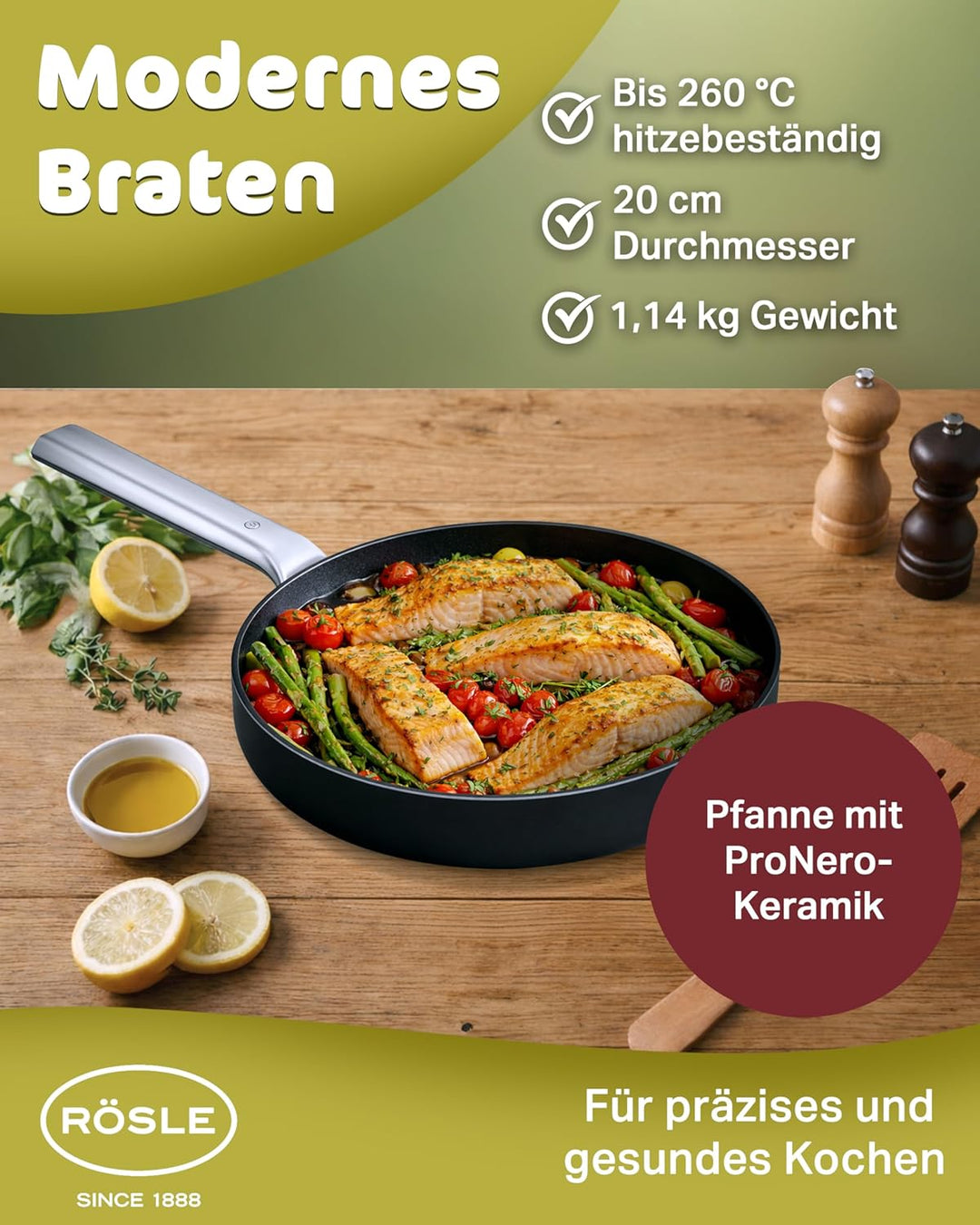 RÖSLE EBONIC Pfanne 20cm Induktion – Bratpfanne 20 cm mit ProNero Keramik Antihaftbeschichtung & Wab