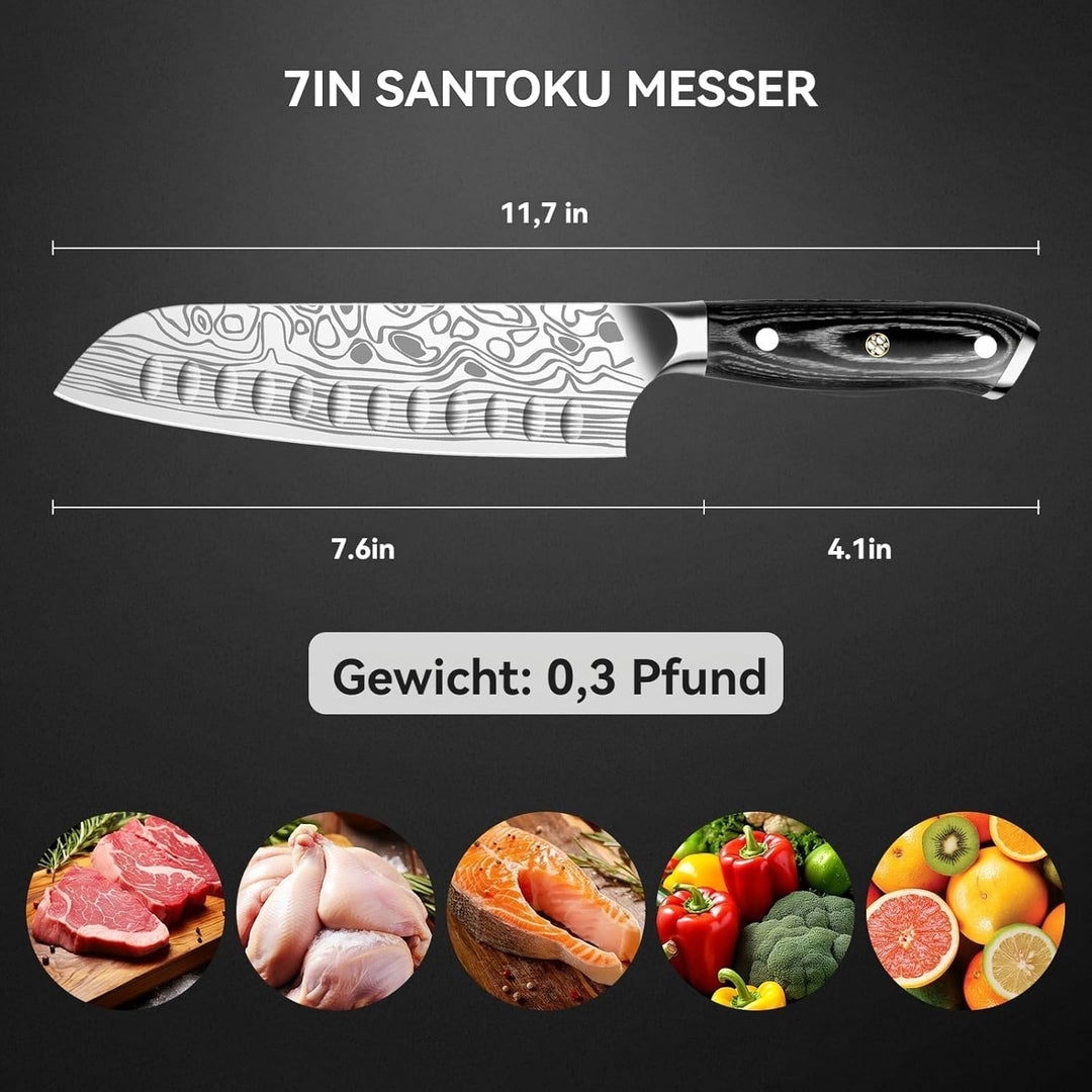 Santoku Messer 18 cm Japanisches Küchenmesser Chefmesser aus EN 1.4116 Edelstahl Scharfe Klinge mit