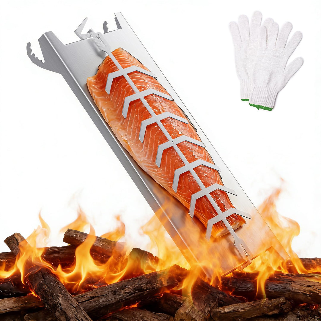Flammlachsbrett Edelstahl 54cm, Flammlachshalter für Feuerschale & Kugelgrill, Schnellmontage Ohne S