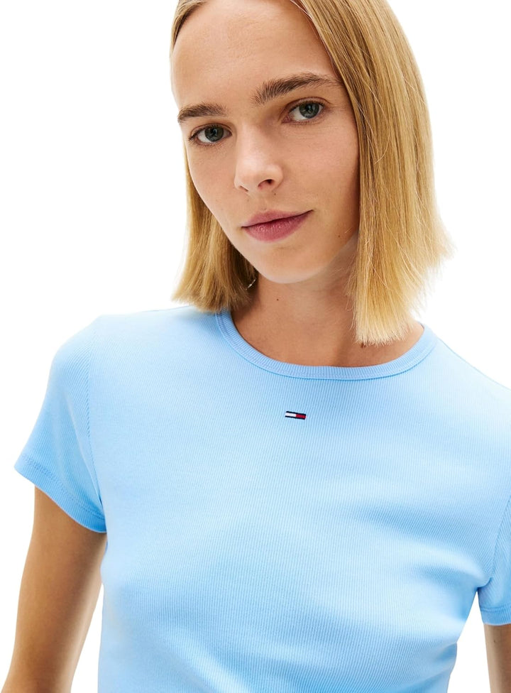Tommy Jeans Damen T-Shirt Kurzarm Essential Rib Slim Fit XXL Blue (Light Powdery Blue), XXL Blue (Li