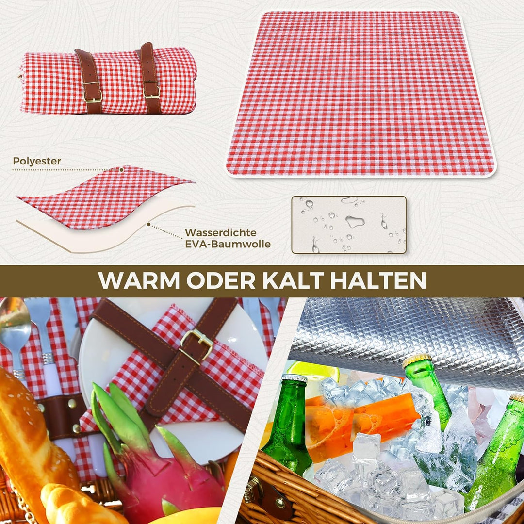Picknickkorb Set für 2 Person mit Kühlfach und wasserdichte Picknickdecke, Abnehmbarer Riemen, Weinb
