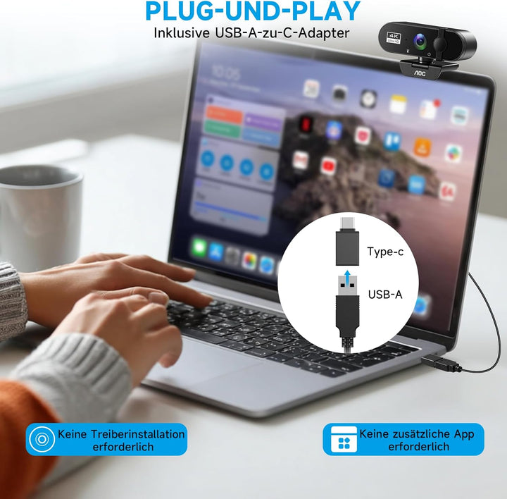 AOC Webcam 4K Ultra HD, Webcam mit Mikrofon & Objektivabdeckung, PC Kamera Plug & Play, 99° Ansicht,