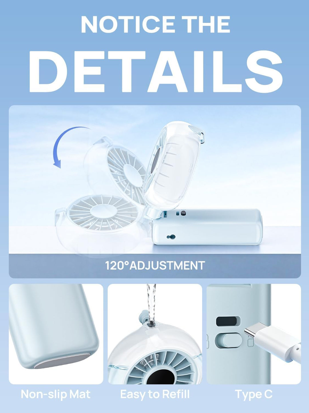 Handventilator Akku Aufladbar mit Wasserkühlung - 100 Stufen Tragbarer Mini Ventilator, 6000mAh Akku