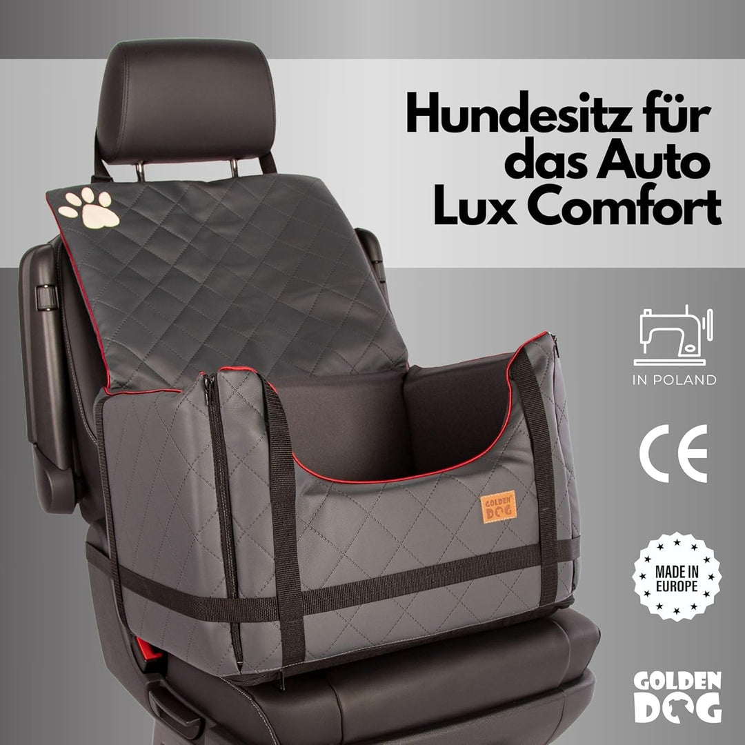 Golden Dog - Transportbox Hund mit Sicherheitsgurt S-45x35x33 cm - Leder Imitation Autositz Hund, Wa