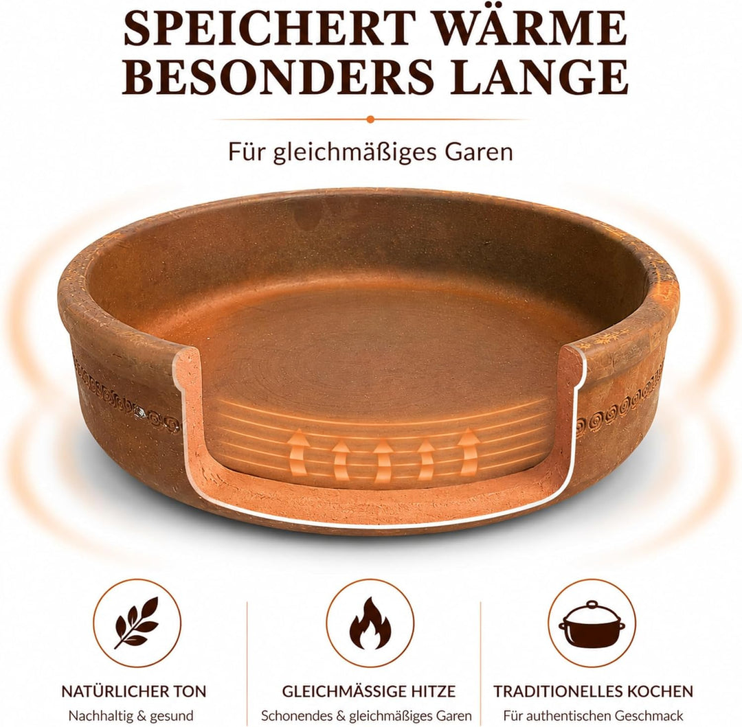 Terrakotta Güveç Tava Ø 30 cm – Handgefertigte Auflaufform aus Naturton für Ofen, Güveç, Schmorgeric