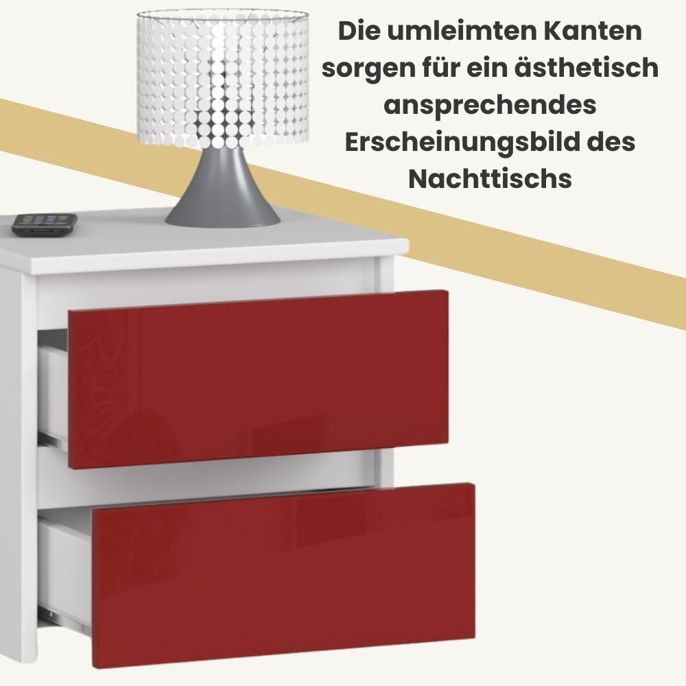 AKORD Nachttisch in minimalistischer Optik, mit 2 Schubladen, B40 x H40 x T35 cm Weiss / Rot Glänzen