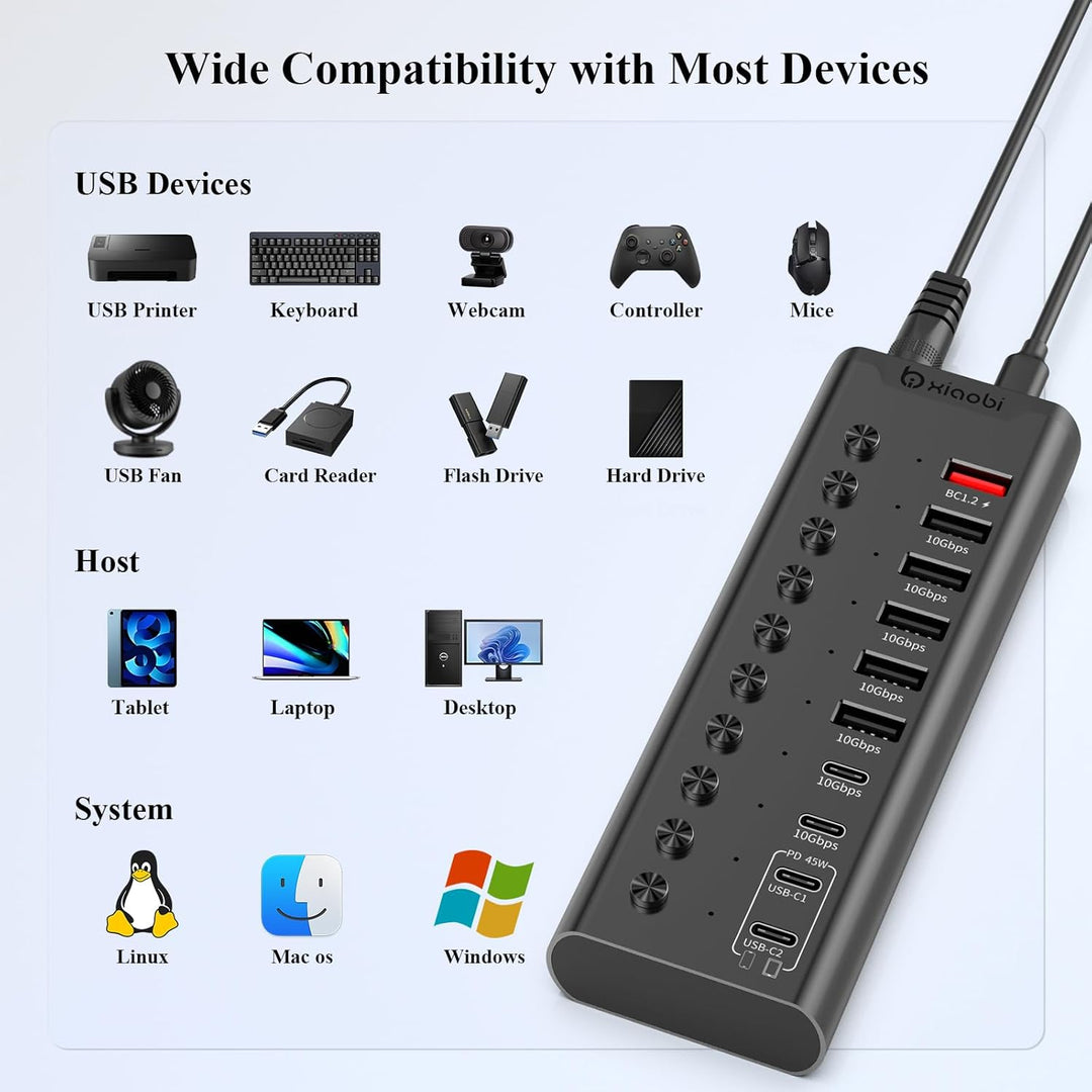 Aktiver USB-Hub, 10-Port USB-C-Hub mit 5X USB-A 3.2 und 2X USB-C 3.2, BC1.2 & 2X PD 45W Ladeports, E