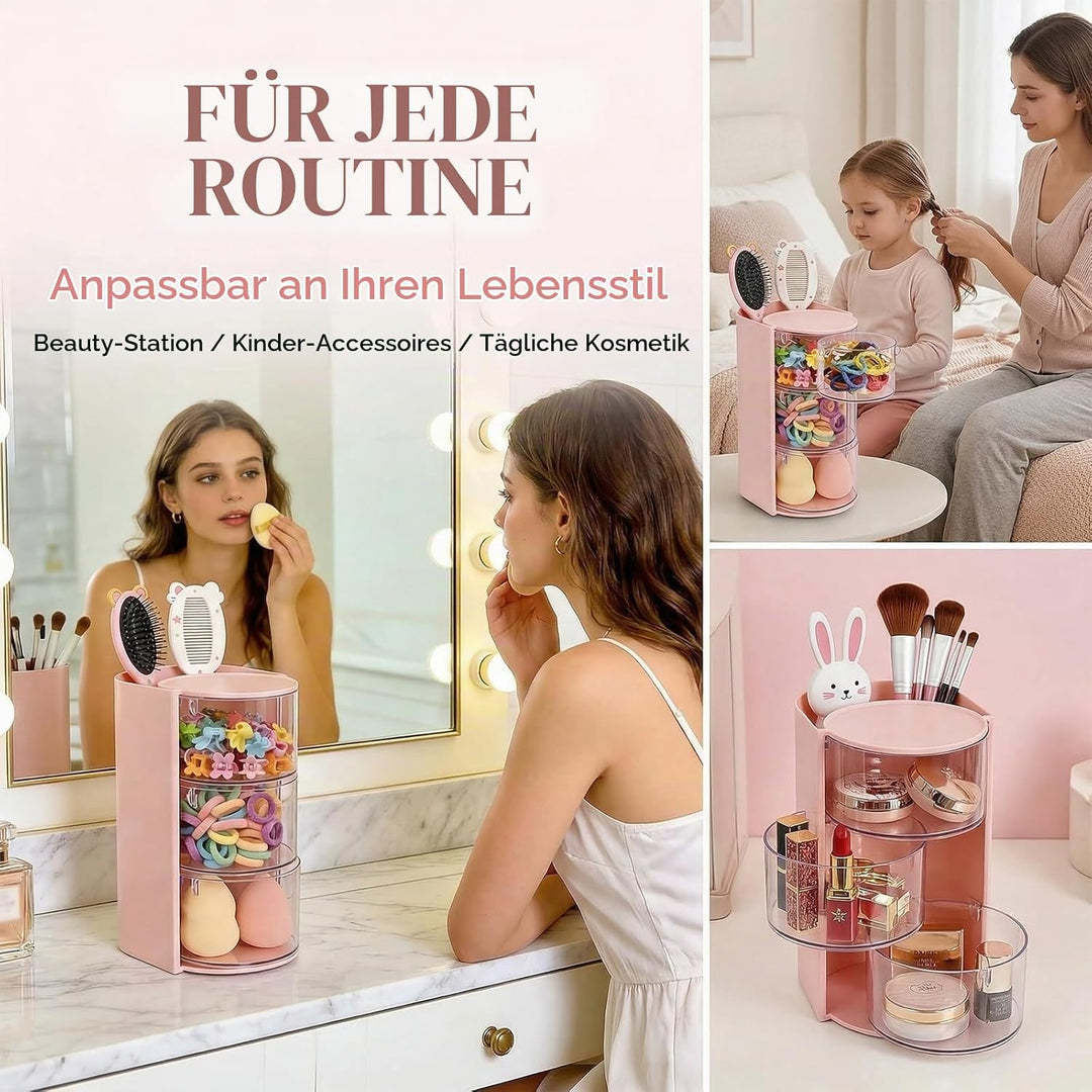 Make Up Organizer, Skincare Organizer mit Haargummi Aufbewahrung, Drehbarer Kosmetik Organizer für S