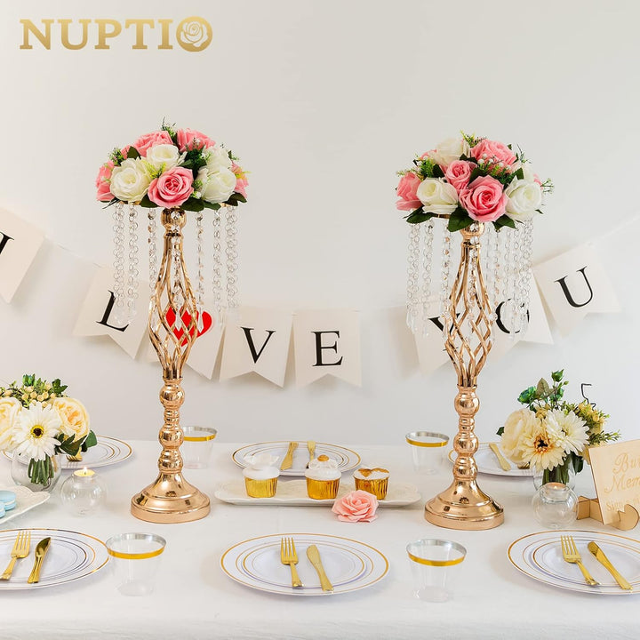 NUPTIO 2 Stück Kristallblumenständer Hochzeit Mittelstücke für Tische, 55cm Hoch Elegante Metall Blu