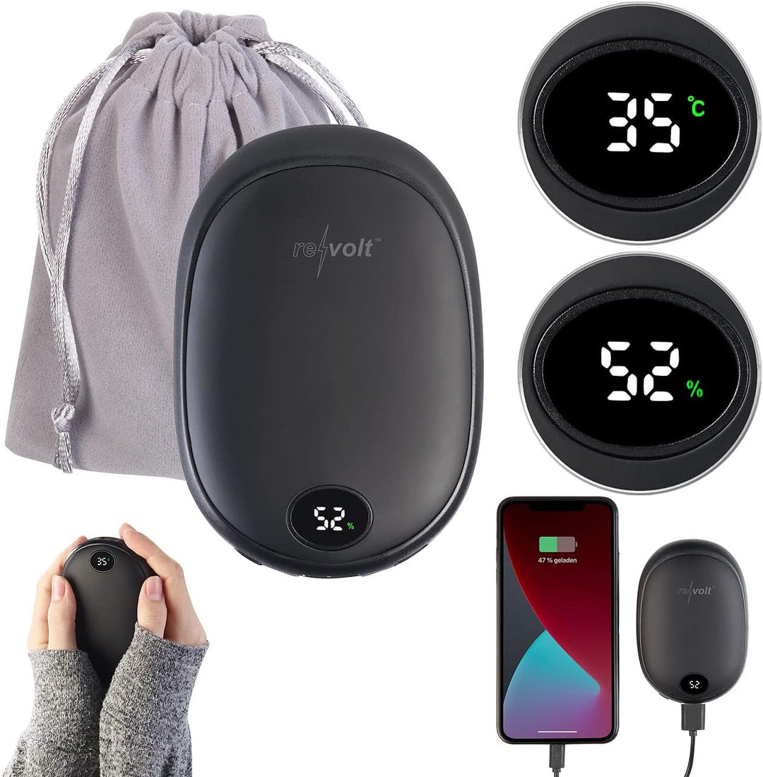 revolt Handy Akku: 2er-Set USB-Powerbank & 2-Stufen-Handwärmer, 2 A, 10.000 mAh, Display (Handtasche