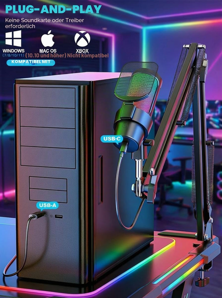 Gaming Mikrofon mit Arm Plug &amp; Play USB Kondensator Mikrofon mit RGB Licht, Mute-Taste, Pop-Filter &amp;