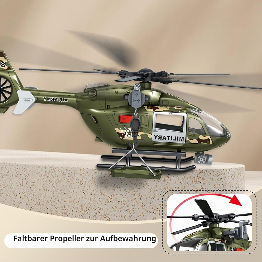 Grünes Militärspielzeug mit grossem Hubschrauber, Armeespielzeug mit Lichtern und Geräuschen, Geburt
