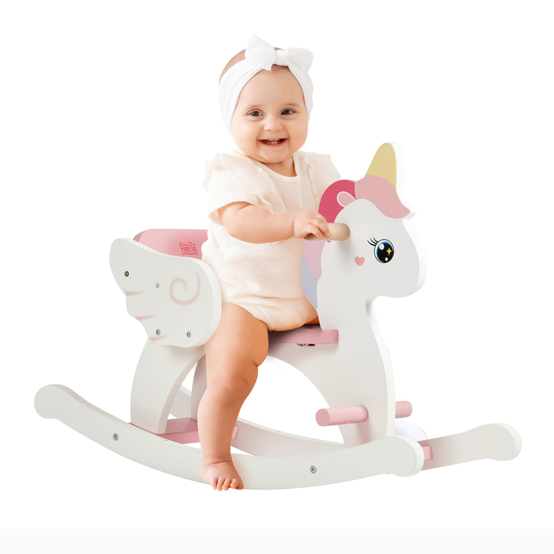 FUNLIO Einhorn Schaukelpferd Holz für 0,5-3 Jahre, Niedliches Schaukelpferd Baby mit Sicherheitsgurt