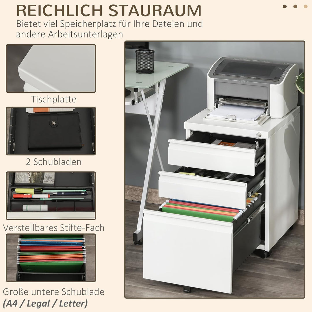Vinsetto Rollcontainer mit 3 Schubladen Aktenschrank Büroschrank mit Rädern Bürocontainer mit konkav