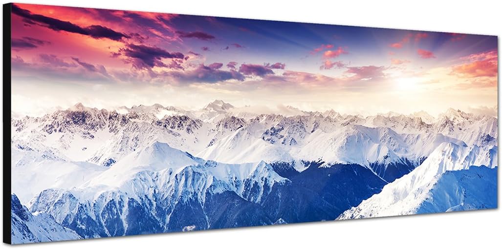 Paul Sinus Art Panoramabild auf Leinwand und Keilrahmen 150x50cm Berge Gebirge Schnee Nebel Abendrot
