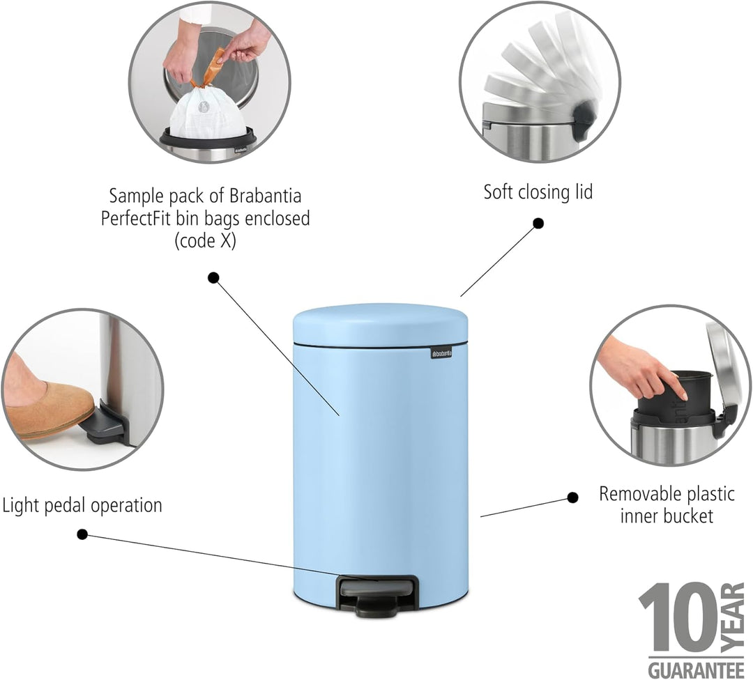 Brabantia - NewIcon Treteimer 12L - Medium Abfalleimer für Küche oder Schlafzimmer - Sanft Schliesse