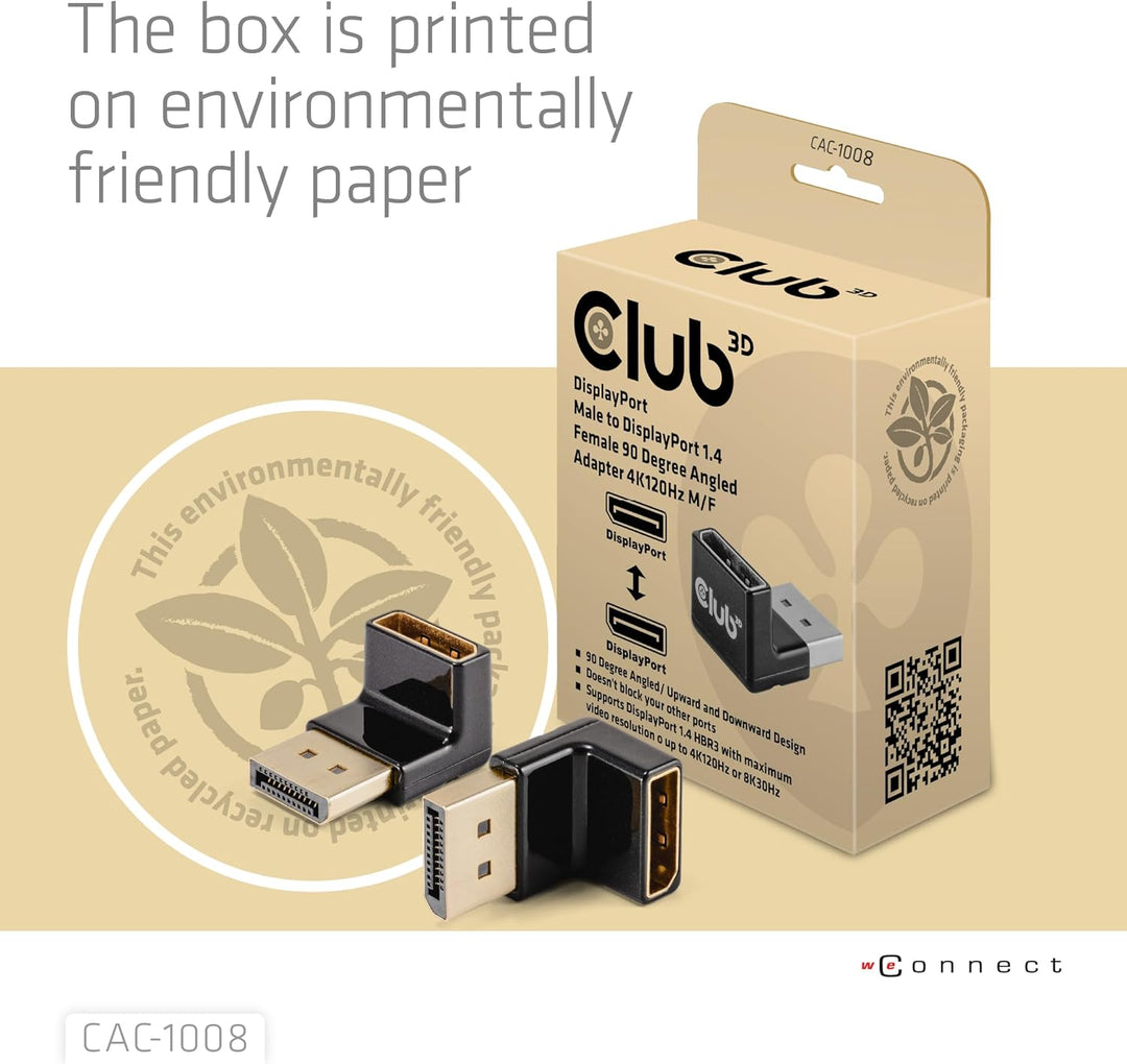 Club3D CAC-1008 DisplayPort Stecker auf DisplayPort 1.4 Buchse 90 Grad abgewinkelter Adapter 4K120Hz