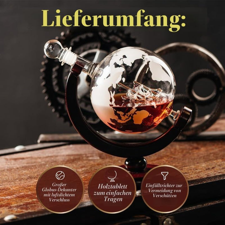 Kemstood Whisky Karaffe Globus Set (850 ml) - Edler Whiskey Decanter mit Gläser, Holzständer und ein