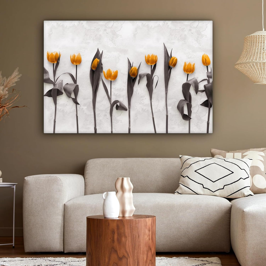 MuchoWow Leinwand Bilder, Einzigartige Wanddeko mit Rahmen, Blumen - Tulpen - Marmor, Wandbilder Woh