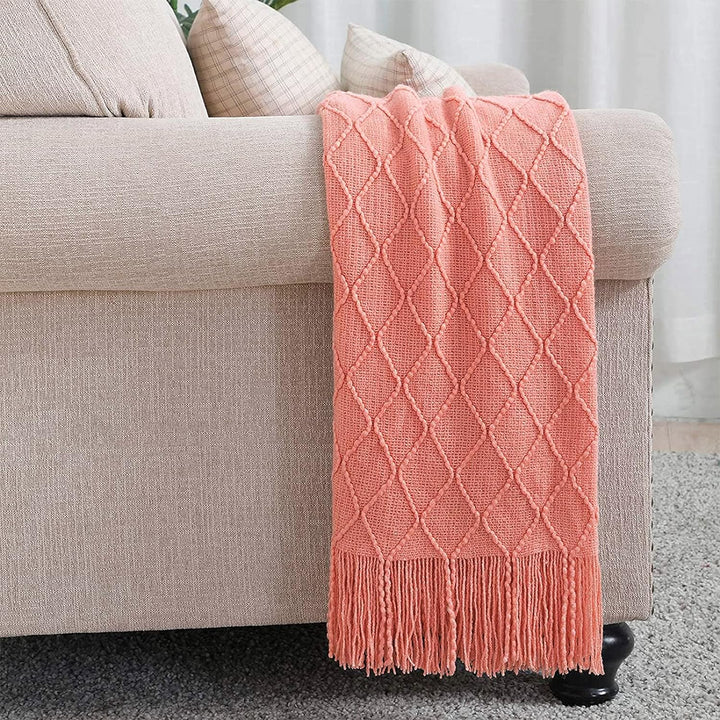 LumiSyne Gestrickte Decke Mit Quaste Einfarbig Geometrische Muster Kuscheldecke Strickdecke Tagesdec