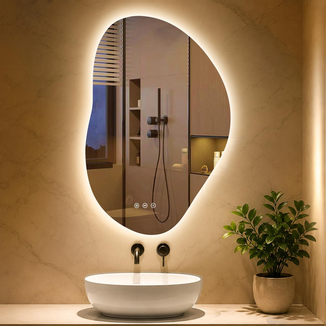 Spiegel mit Beleuchtung Asymmetrischer, LED Badspiegel mit Touch-Schalter, 3 Lichtfarbe, Dimmbar, Be