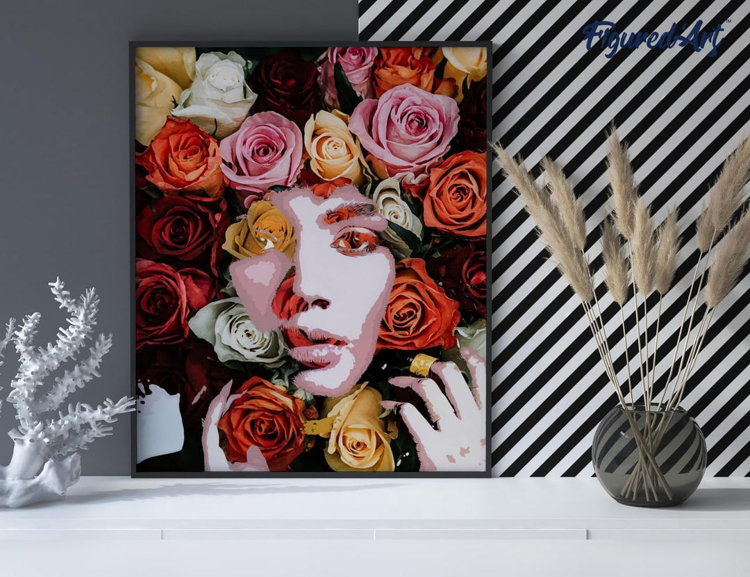 Figured'Art Malen Nach Zahlen Erwachsene Mit Rahmen Rosengesicht - Paint by Numbers Basteln DIY Bast