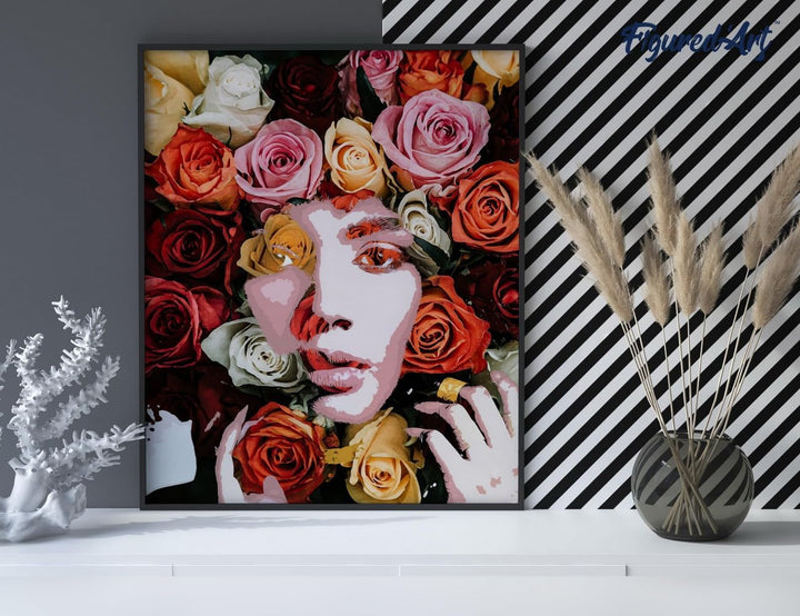 Figured'Art Malen Nach Zahlen Erwachsene Mit Rahmen Rosengesicht - Paint by Numbers Basteln DIY Bast