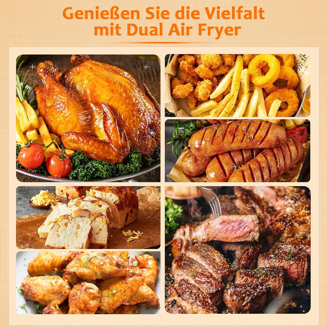 YASHE Dual Zone Heissluftfritteuse, 9L XL Kapazität Doppel-Airfryer mit Digital Control, 8-in-1 Koch