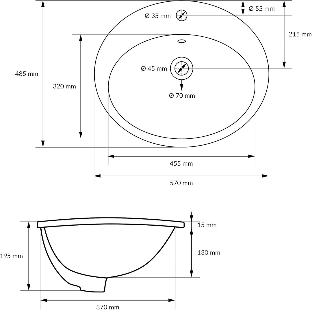 ML-Design Waschbecken aus Keramik Weiss glänzend 57x19,5x48,5cm Oval Einbauwaschbecken mit Hahnloch