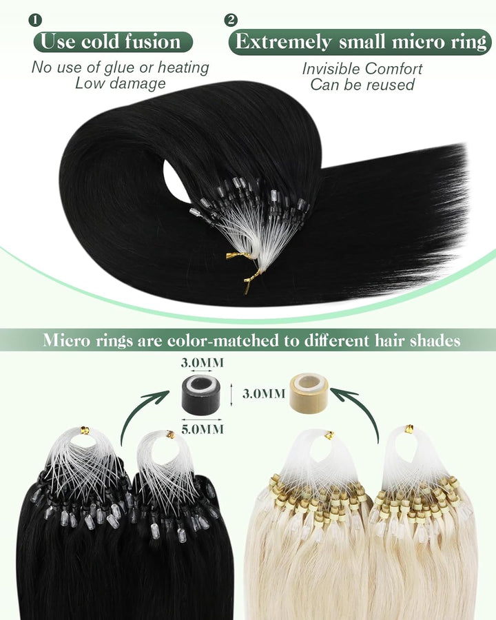 Ugeat Micro Extensions Echthaar Schwarz 1g/Strähnen Haarverlängerung mit Microrings Farbe 1 Schwarz