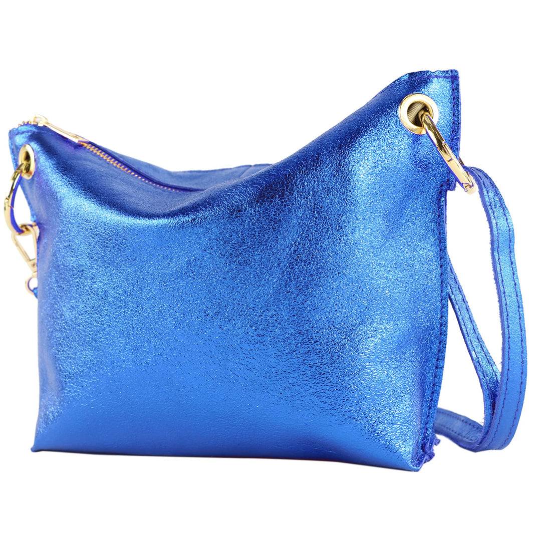 modamoda de T243 Damen Leder Umhängetasche Schultertasche handmade in Italy Blau-metallic, Blau-meta