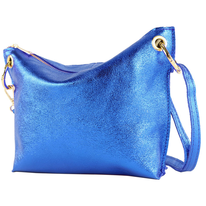 modamoda de T243 Damen Leder Umhängetasche Schultertasche handmade in Italy Blau-metallic, Blau-meta