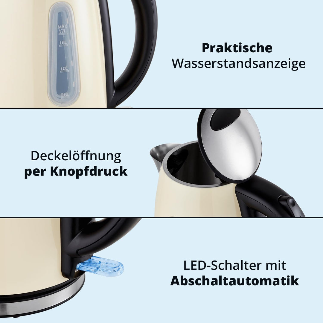 KHG Frühstücksset 2-teilig Wasserkocher & Toaster, Creme Beige Retro American Diner Stil, Kapazität