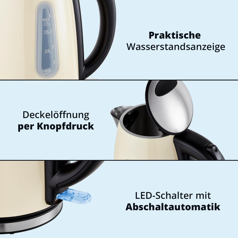 KHG Wasserkocher WK-1707 (CE) Creme, 1,7l Kapazität, Edelstahl Chrom, LED Leuchte, Wasserstandanzeig