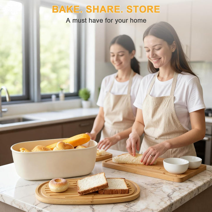 Cozary Brotkasten mit Bambusdeckel, 6L Grosser Brotbox mit Leinen Brotbeute, 37x22.5x14cm, Anti-Ruts