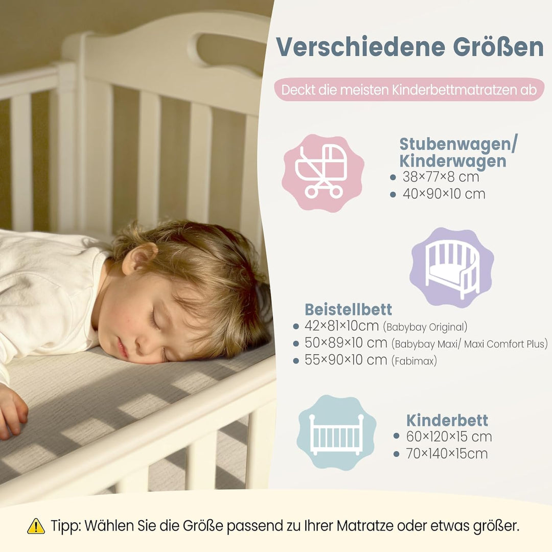 lulumoon Musselin Spannbettlaken Baby Kinderbett: 100% Baumwolle Bettlaken Babybett - 70x140cm / 60x