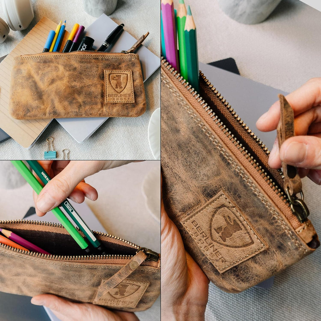Berliner Bags Vintage Federmäppchen Etui aus Leder mit YKK-Reissverschluss, Robuste Federmappe für S