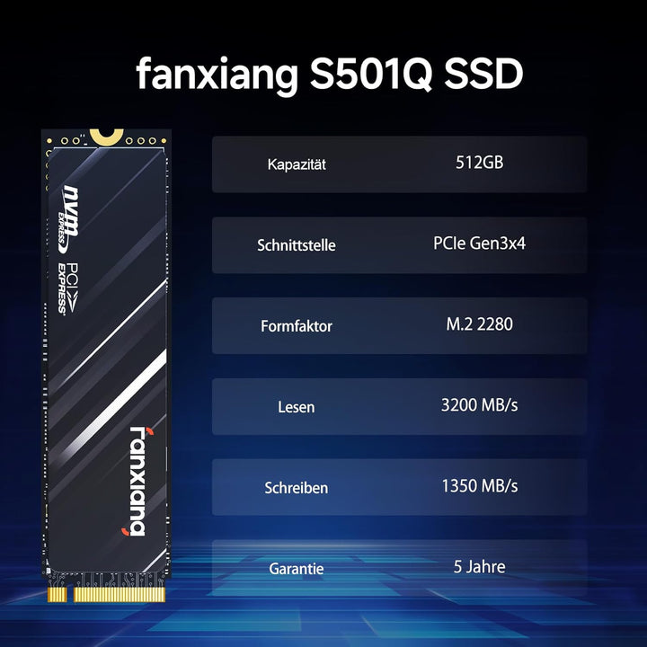 fanxiang NVMe M.2 SSD, 512GB, PCIe 3x4 Gaming Solid State Laufwerk, 3200MB/s Lesen, 1300 MB/s Schrei