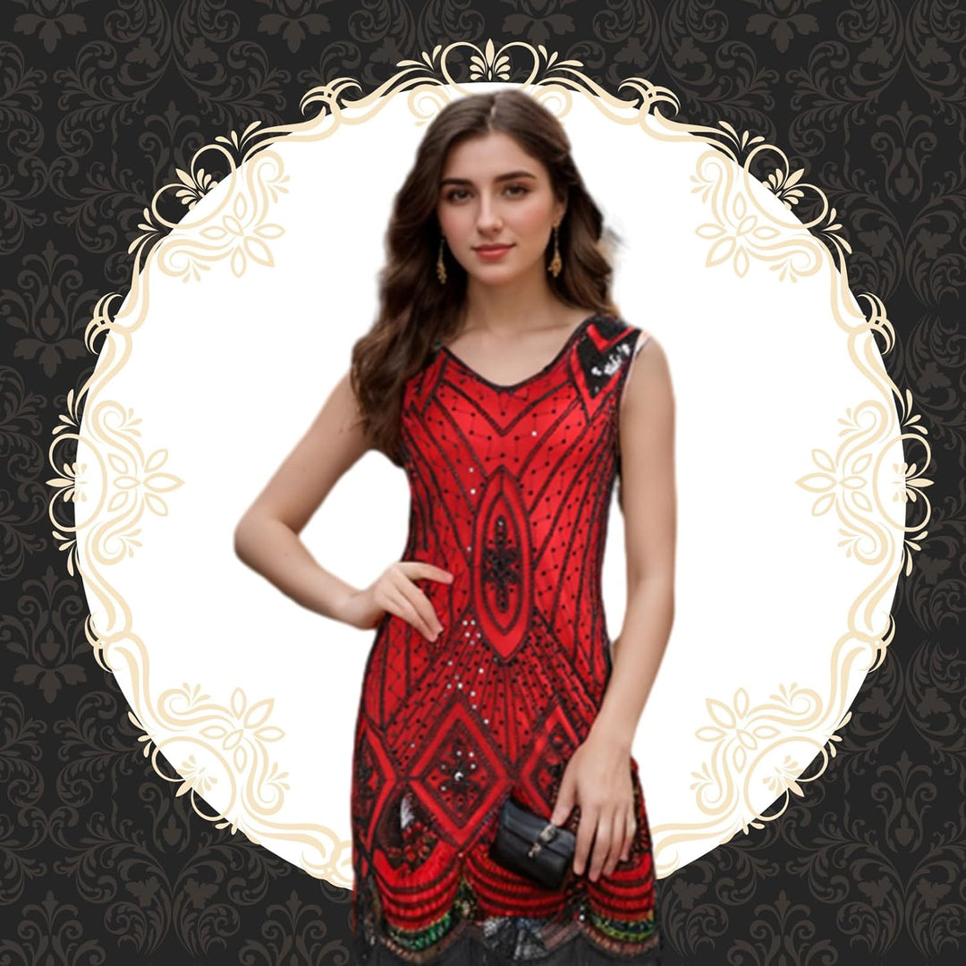 PLULON 1920er Jahre Pailletten Perlen Fransen Flapper Kleid mit 20er Jahre Accessoires Set (Rot XL R